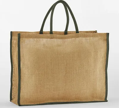 Produktbild von Westford Mill W475 | Natural Starched Jute Market Shopper Einkaufstasche - Farbe: Natural/Olive Green - Größe: 42,5 x 55,5 x 21 cm