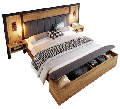 Produktbild von STILVORA Doppelbett 180×200cm Polsterbett mit Leselampe und USB Nachttisch,Holzbett mit Sitzbank,Bettgestell aus Metall, Holz und Leinen,Eiche(Ohne Matratze)