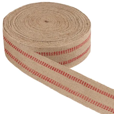 Imagen del producto de Yute, cinta de 9 cm x 30 metros - Fibra de yute - Rayas rojas y blancas - Manualidades - Decoración - Material sostenible