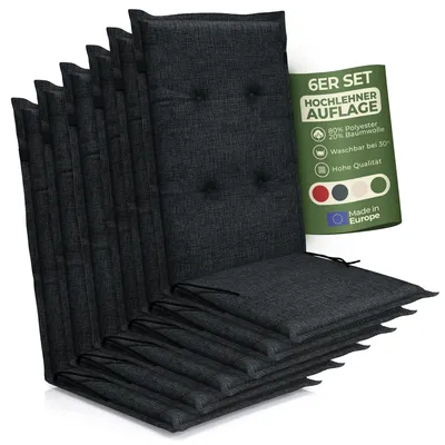 Produktbild von Hochlehner Auflage Florence– Gartenstuhlauflage Hochlehner, Sitzkissen Stuhl, Stuhlkissen & Outdoor Kissen für Gartenmöbel, Farbe:schwarz, Anzahl:6