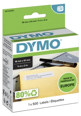 Obrázok produktu pre DYMO LW multifunkčné štítky, biely papier, 19 mm x 51 mm, Biela, Samolepiaci štítok, Papája, Odnímateľné, Obdĺžnik, LabelWriter