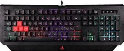 A top-down view of a gaming keyboard with RGB backlighting.