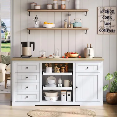 Image de okwish Îlot de cuisine / buffet avec 5 tiroirs et 2 plateaux extensibles, meuble bar avec prise intégrée et plateau rabattable – blanc
