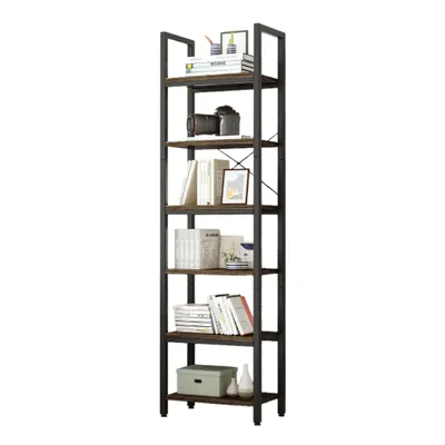 A tall, narrow bookshelf filled with books and decorative items, against a white background.