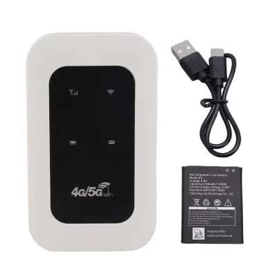 A white and black 4G/5G mobile router with a USB-C charging cable and a rechargeable battery are displayed on a white background.