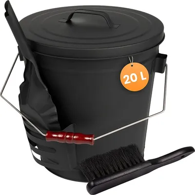 Produktbild von BLACK OAK Ascheeimer STROMBOLI 20L schwarz mit Deckel Schaufel Besen Stahl feuerfest verzinkt Silbergriff