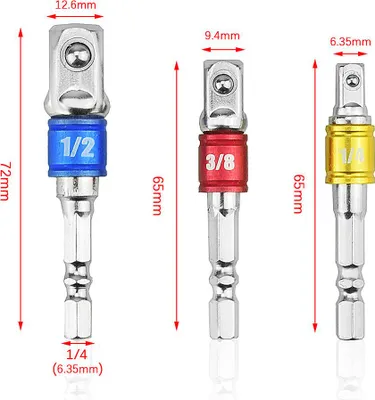 Produktbild von 3-teiliges Steckschlüssel-Adapter-Set, Sechskantschlüssel, Schlagschrauber, 1/2 Vierkantkopf, 3/8 Hülse, 1/4 Elektroschrauber