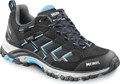 A single black and blue hiking shoe is shown from a side-angle against a white background.
