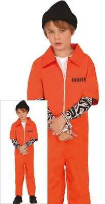 Immagine prodotto di Ladro fuorilegge Halloween bambini Costume arancione nero dettaglio manette un pezzo prigione partito avventura rapinatore ragazzi ragazze costume, dimensioni: 140/146 Colore: Arancione