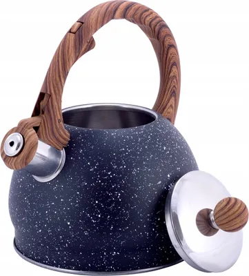 A speckled black kettle with a wooden handle and lid knob, shown on a white background. The lid is partially open.