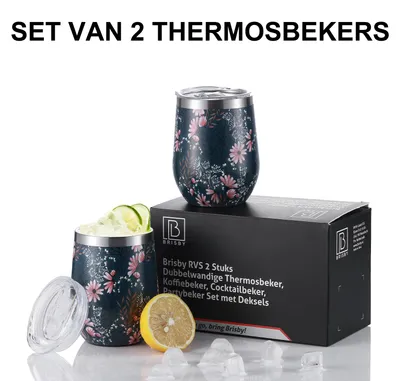 Produktbild von Brisby Edelstahl-Thermosbecher-Set, 2-teilig, doppelwandig, mit Deckel – Japanisches Blumenmuster