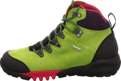 A side view of a green hiking boot with black and red accents.