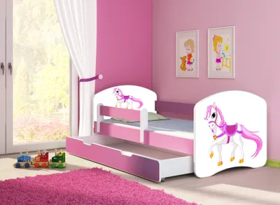 Produktbild von ACMA Jugendbett Kinderbett Junior-Bett Komplett-Set mit Matratze Lattenrost und Rausfallschutz Rosa 43 Kleines Pferd 180x80 + Bettkasten