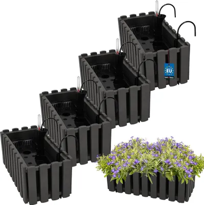 Produktbild von KOTARBAU® 4er Set Blumenkasten Balkon Blumentopf Selbstbewässernd 38x18x16cm Grau Kunststoff Blumentopf Balkongeländer Bewässerungssystem Blumenkastenhalterung Pflanzkübel Groß Außen