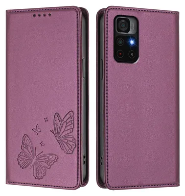 Produktbild von Lederhülle für Xiaomi Poco M4 Pro 5G/Redmi Note 11 5G, Schmetterling Prägung Leder Brieftasche Schutzhülle mit Ständer Lila