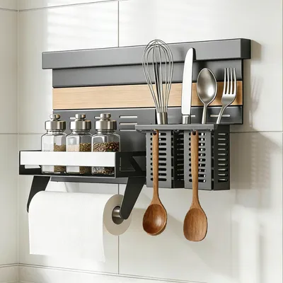 Produktbild von Mai & Mai Küchengewürzregal, mit Papiertuchhalter und Kochutensilienbehälter, inklusive 5 Haken, 52 cm Schiene, Aufbewahrungsregal, grau Reglo-10-12
