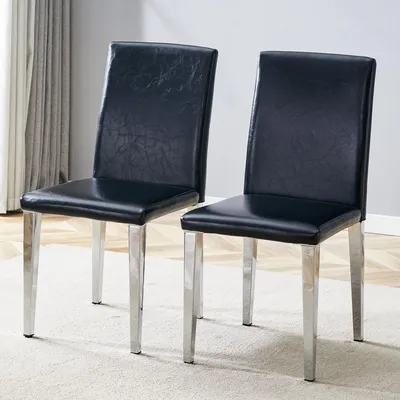 Image de Lot de 2 chaises de salle à manger, cuirPolyuréthanenoir, pieds en métal argenté, style minimaliste, 90 cm