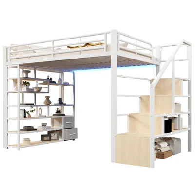 Produktbild von Hochbett mit Lattenrost, RGB LED-Streifen, Stauraum, Regalen, Rausfallschutz und Schubladen, Treppe mit Regal, 140x200 cm, Kinderbett, Metall