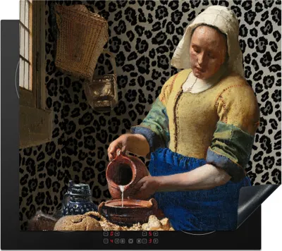 Produktbild von KitchenYeah© Herdabdeckplatte Milchmädchen - Kunst - Pantherdruck - Vermeer - Gemälde - Alte Meister , 57x51cm, Küche Deko, Glaskeramikkochfeld Herdabdeckung, Abdeckplatte fùr Kochfeld