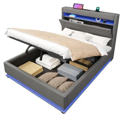 Produktbild von Polsterbett mit LED-Streifen, Stauraum, Schrank, USB und Type-C, 140x200 cm, gepolsterter Kopfteil mit Schrank, Einzelbett, Stauraumbett, Leinen