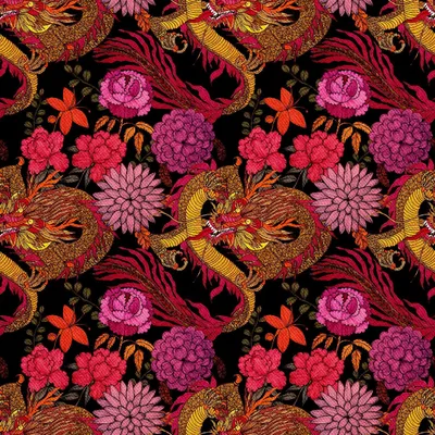 Image de OUTDOOR DECOSTOFFS OXFORD - Motif dragon en fleurs roses