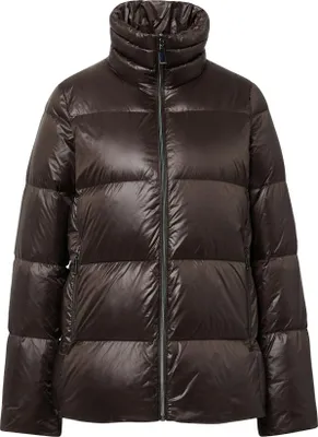 A brown puffer jacket is shown against a white background.