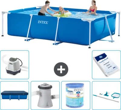 Produktbild von Intex-Schwimmbecken mit rechteckigem Rahmen – 300 x 200 x 75 cm – Blau – im Lieferumfang enthalten Abdeckung - Filterpumpe für Schwimmbad - Filter - Reinigungskit - Salzwassersystem - Poolsalz