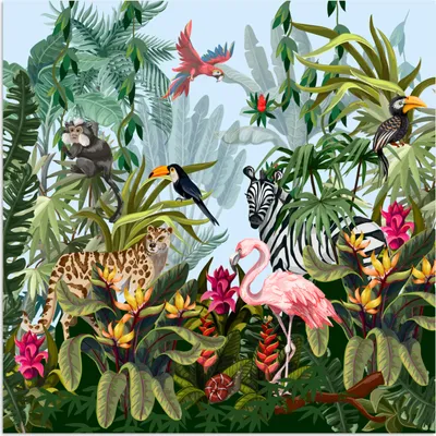Produktbild von MuchoWow® Poster Dschungel - Natur - Jungen - Mädchen - Kinder - Zebra - Flamingo 50x50 cm - Wohnzimmerdekoration