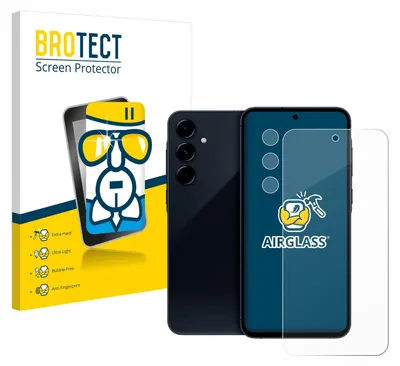 A product shot showing packaging for a screen protector, a smartphone, and the screen protector itself.