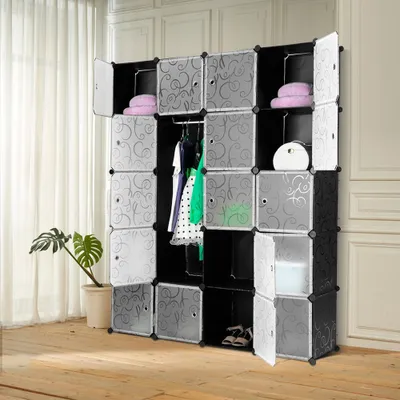 Produktbild von Kleiderschrank 20 Würfel DIY Modulare Regale Kleider- und Schuhschrank aus Kunststoff mit Türen 147x37x183cm