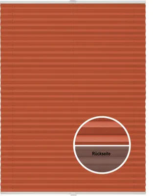 A pleated blind in orange with a close-up inset showing the texture and the word "Rückseite" (back side).