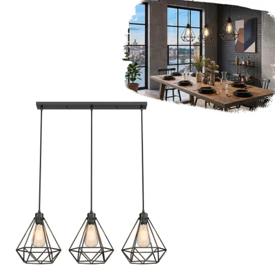 Obrázek produktu pro Závěsná lampa YRHome s obdélníkovou základnou, vintage design, 3 žárovky, nastavitelný kabel, žárovky E27 v balení, snadná montáž do obývacích pokojů