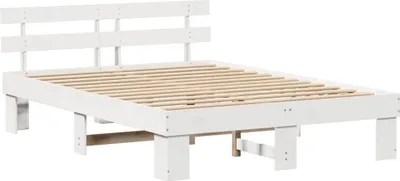 Zdjęcie produktu dla Łóżko Drewniane 150x200 Białe Rama Łóżka ze Stelażem z Zagłówkiem