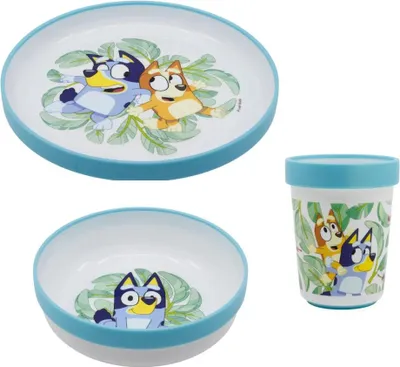 Produktbild von Bluey und Bingo Kinder Geschirr-Set 3 teilig Becher Teller Schüssel antirutsch