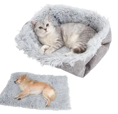 Image de Lit pour chat 2 en 1, lavable, gris, 61x51 cm. Coussin et couverture pour chat
