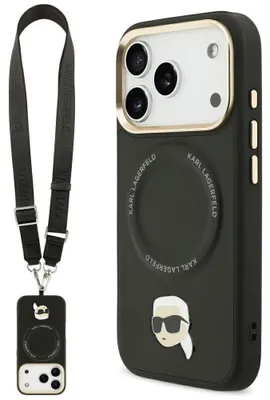 Imagen del producto de Funda Karl Lagerfeld Big Strap con logo metálico y compatibilidad MagSafe para iPhone 17 Pro, color negro