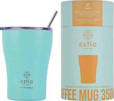 Zdjęcie produktu dla ESTIA | Kubek termiczny – turkusowy – 350 ml – ze stali nierdzewnej – ze słomką – kubek do kawy