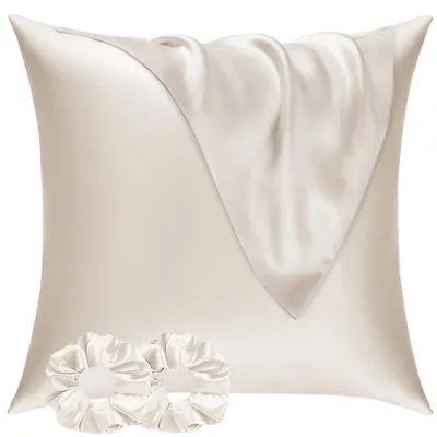Produktbild von Satin-Kissenbezug 80x80 cm, 2er-Set, & 2 Haargummis; Satin-Kissenbezug 80x80 cm, beige; Weicher Kissenbezug 80x80 cm; Pflegeleichter als ein Seidenkissenbezug; Kissenbezug für Haar und Haut