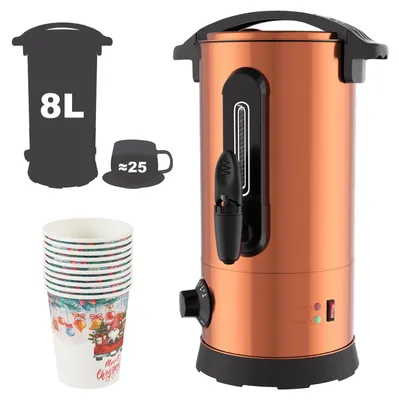 Immagine prodotto di Ikodm, scaldalatte per vin brulé da 10 litri, con 10 bicchieri, dispenser per bevande in acciaio inossidabile da 1500W, con controllo della temperatura e erogatore, colore argento