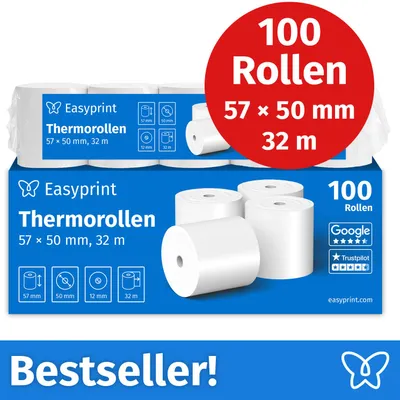 Productafbeelding van NIEUW: Easyprint thermorollen / kassarollen, 100 rollen, 57 mm x 50 mm x 12 mm, 32 m, PEFC-gecertificeerd, voor EPSON, IBM en vele andere merken