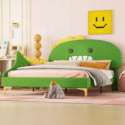 Zdjęcie produktu dla Łóżko dziecięce Merax tapicerowane 140 x 200 cm, płaskie łóżko w kształcie dinozaura z listwami, łóżko młodzieżowe, łóżko dziecięce, łóżko pojedyncze, PU, zielone