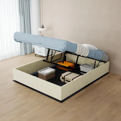 Produktbild von Bettgestell 140x200 cm mit Gasdruckfedern, modernes Polsterbett aus Samtstoff, minimalistischer Bettrahmen ohne Kopfteil und Matratze, Beige