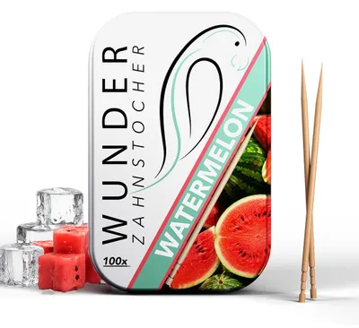 Produktbild von Wunder Zahnstocher mit Geschmack - Wassermelone - 100 Stück - Metallbox - zuckerfrei - vegan - frischer Atem - Alternative zu Kaugummi