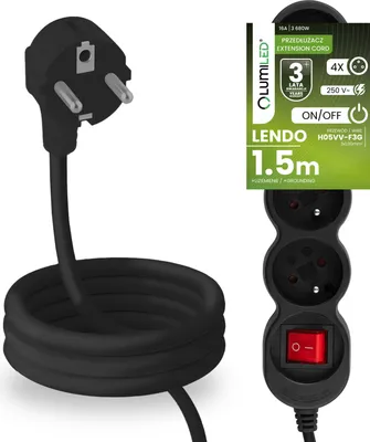 Produktbild von LUMILED Steckdosenleiste mit ON/OFF Schalter 4-Fach Steckdose Typ E, 1,5m Kabel H05VV-F3G schwarz Mehrfachsteckdose E Stecker 16A 3680W 250V IP20 Halterung zum Aufhängen