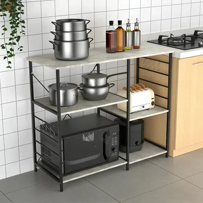 Produktbild von Küchenregal - Mikrowellenregal - 5 Ablageflächen - 8 Haken - Metallrahmen - Holzwerkstoff - 90 x 39 x 82 cm - Farbe 3