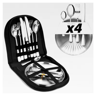 Produktbild von 23-teiliges Campinggeschirrset für 4 Personen – Besteckset mit Edelstahlgabeln, -messern und -löffeln – Tragbares Besteck für Outdoor, Picknick und Grillen