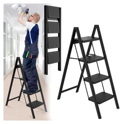 Produktbild von Alu Trittleiter 4 Stufen Klappleiter rutschfeste Stehleiter Haushaltsleiter mit Anti-Rutsch-Pedal 150 kg belastbar