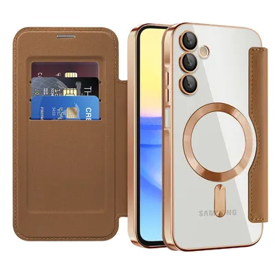 Image de Etui pour Samsung Galaxy A15 compatible avec MagSafe, étui transparent avec porte-cartes, étui en cuir avec protection de l'appareil photo Marron