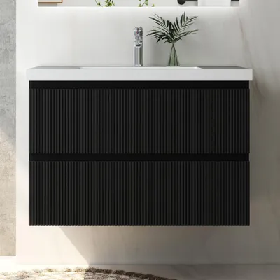 Produktbild von Waschtisch mit Unterschrank 80cm BOKAV Badmöbel Set Schwarz Waschbecken mit Unterschrank Softclose