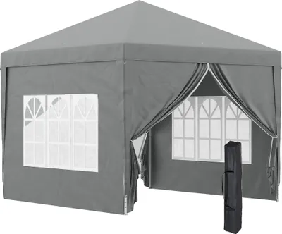 Produktbild von Outsunny 3x3 Pop-Up-Faltpavillon mit 2 Türen und 2 Fenstern, 4 Seitenteilen und Tragetasche, Outdoor-Pavillon aus Stahl und Oxford-Gewebe, Hellgrau